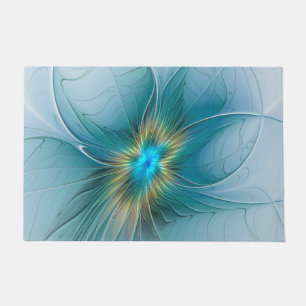 Little Beauty Modern Blue Gold Fractal Art Flower Doormat