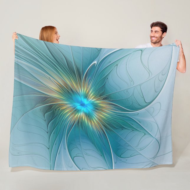 Little Beauty Modern Blue Gold Fractal Art Flower Fleece Blanket (In Situ)