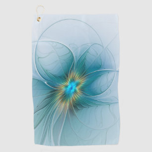 Little Beauty Modern Blue Gold Fractal Art Flower Golf Towel