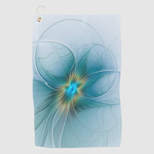 Little Beauty Modern Blue Gold Fractal Art Flower Golf Towel (Front)