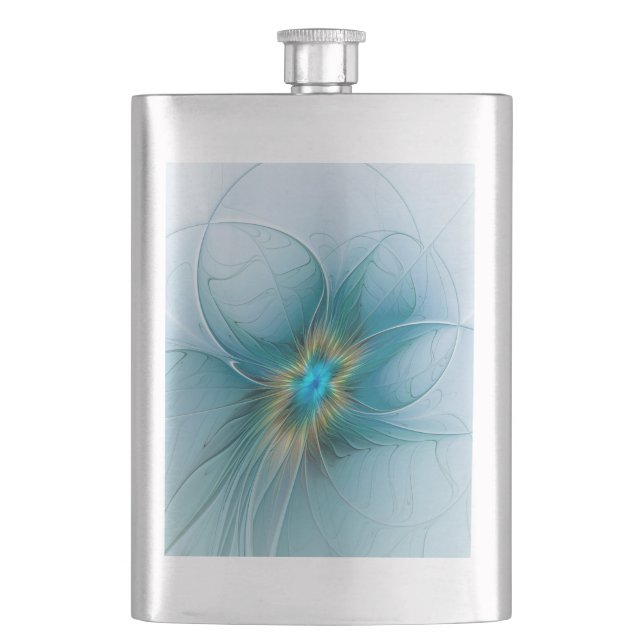 Little Beauty Modern Blue Gold Fractal Art Flower Hip Flask (Front)