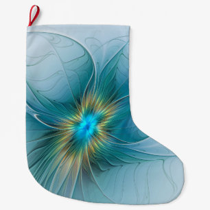 Little Beauty Modern Blue Gold Fractal Art Flower Large Christmas Stocking