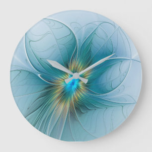 Little Beauty Modern Blue Gold Fractal Art Flower Large Clock