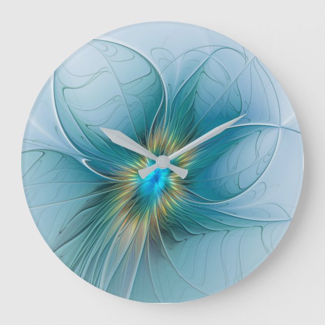 Little Beauty Modern Blue Gold Fractal Art Flower Large Clock (Front)