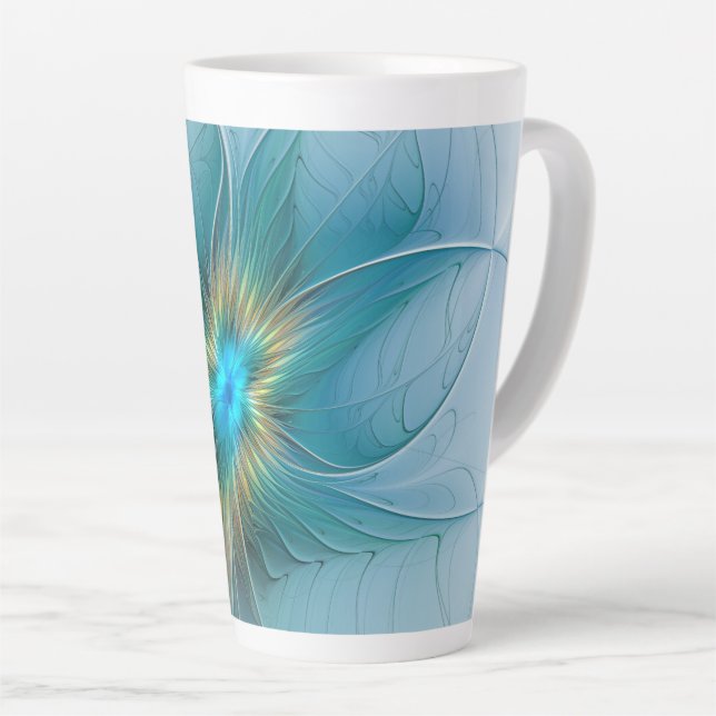 Little Beauty Modern Blue Gold Fractal Art Flower Latte Mug (Right Angle)
