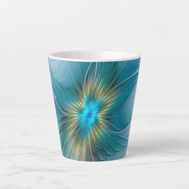 Little Beauty Modern Blue Gold Fractal Art Flower Latte Mug (Front)