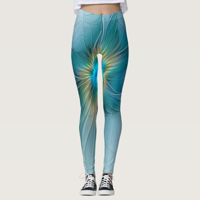 Little Beauty Modern Blue Gold Fractal Art Flower Leggings (Front)