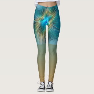 Little Beauty Modern Blue Gold Fractal Art Flower Leggings