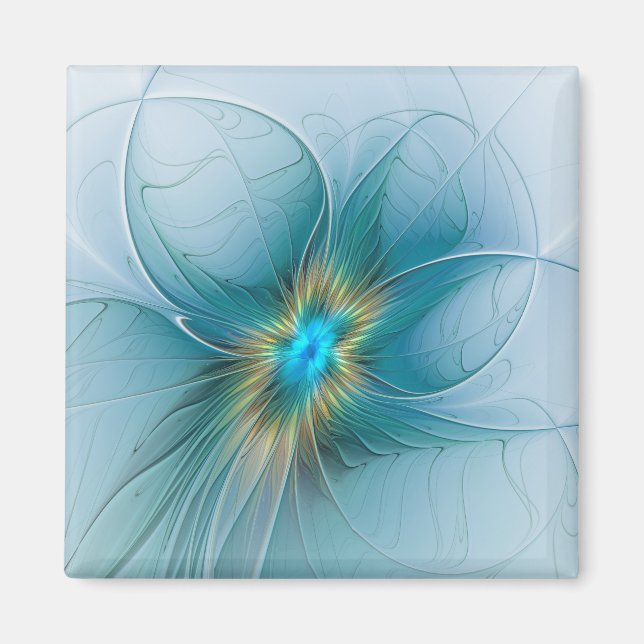 Little Beauty Modern Blue Gold Fractal Art Flower Magnet (Front)