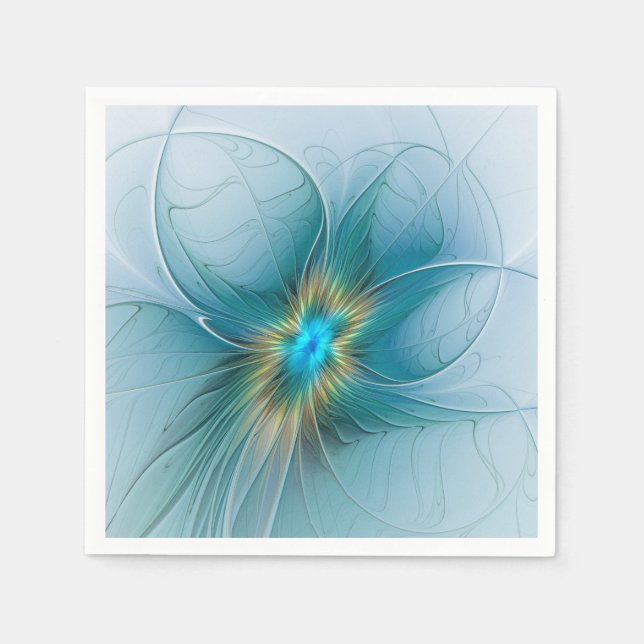 Little Beauty Modern Blue Gold Fractal Art Flower Napkin (Front)