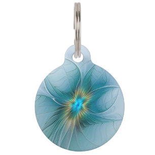 Little Beauty Modern Blue Gold Fractal Art Flower Pet Tag
