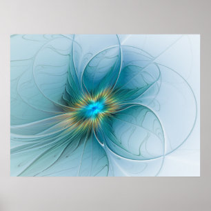 Little Beauty Modern Blue Gold Fractal Art Flower Poster
