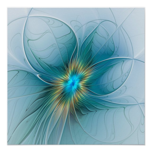 Little Beauty Modern Blue Gold Fractal Art Flower Poster (Front)