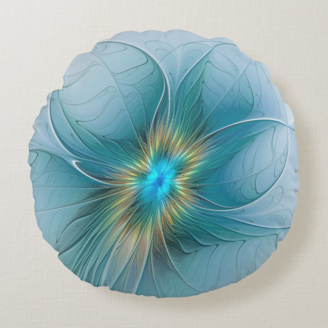 Little Beauty Modern Blue Gold Fractal Art Flower Round Cushion (Front)