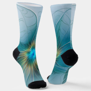 Little Beauty Modern Blue Gold Fractal Art Flower Socks