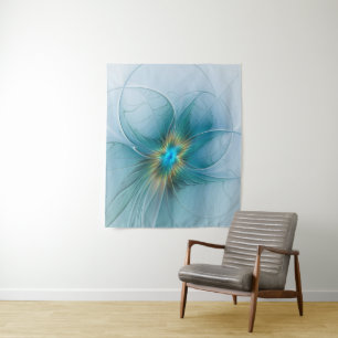 Little Beauty Modern Blue Gold Fractal Art Flower Tapestry