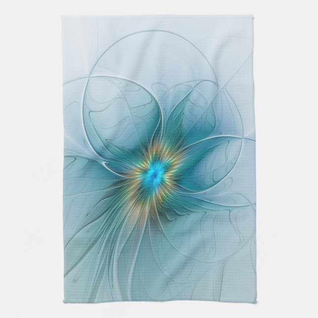 Little Beauty Modern Blue Gold Fractal Art Flower Tea Towel (Vertical)