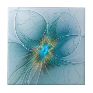 Little Beauty Modern Blue Gold Fractal Art Flower Tile