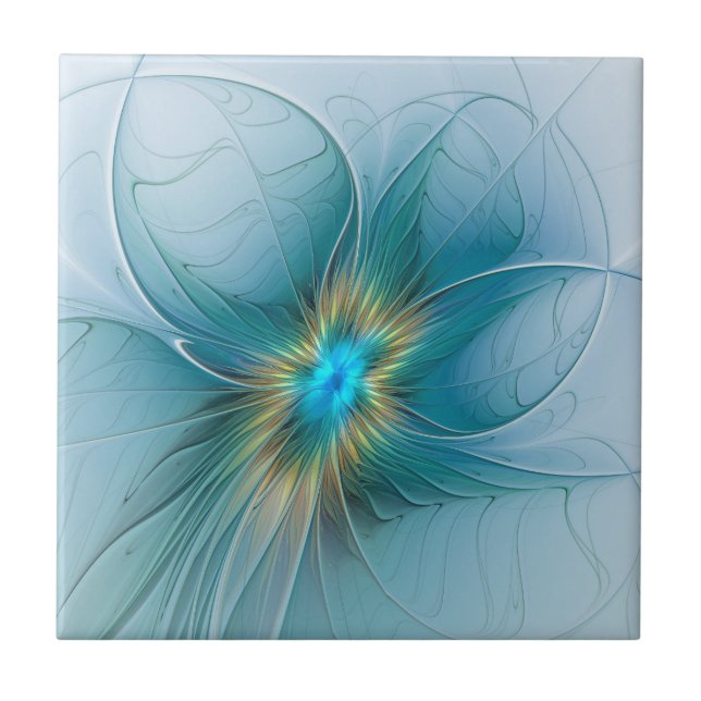 Little Beauty Modern Blue Gold Fractal Art Flower Tile (Front)