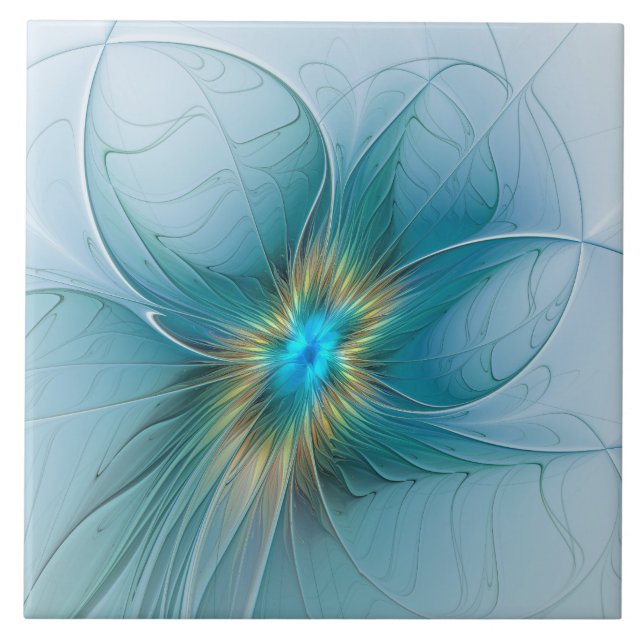 Little Beauty Modern Blue Gold Fractal Art Flower Tile (Front)