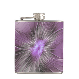 Little Beauty Modern Mauve Grey Fractal Art Flower Hip Flask