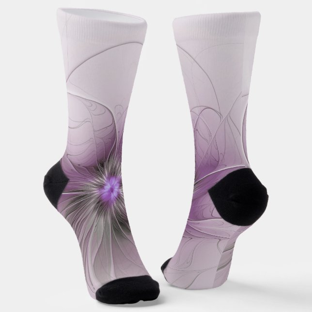Little Beauty Modern Mauve Grey Fractal Art Flower Socks (Angled)