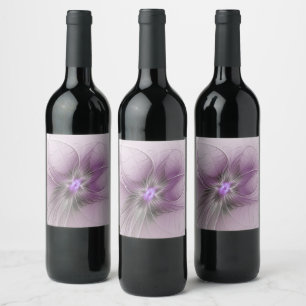Little Beauty Modern Mauve Grey Fractal Art Flower Wine Label