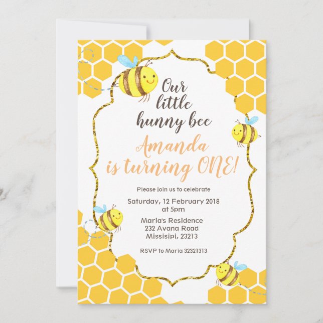 Little Bee 1st Birthday Invitation for boy or girl (Front)