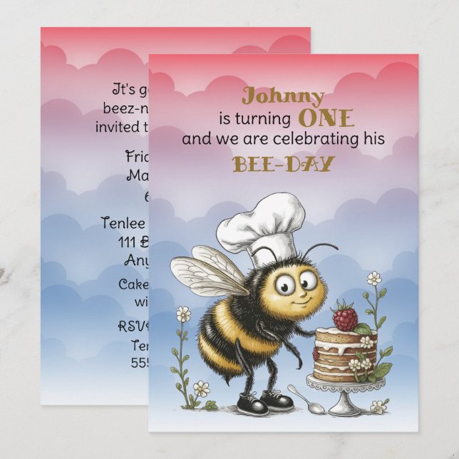 Little Bee Baby Boy First Birthday Invitation (Front/Back)