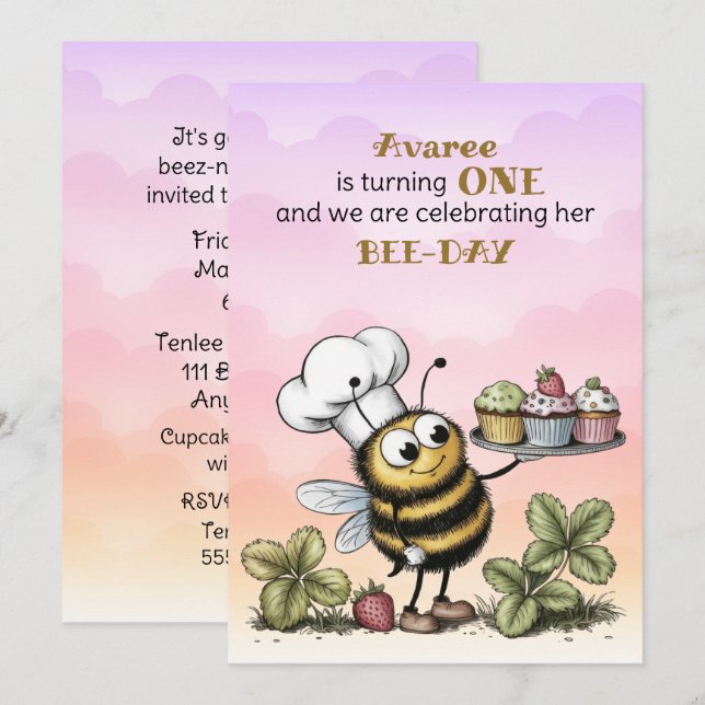Little Bee Baby Girl First Birthday Invitation (Front/Back)