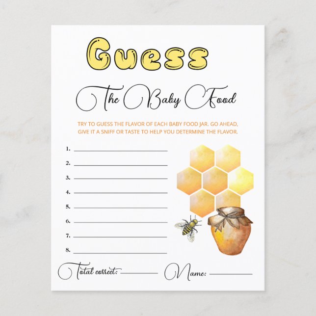 Little Bee Baby Shower Guess the Baby Food Card. (Front)