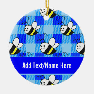 Little Bee Blue Plaid Pattern Custom Name Ceramic Tree Decoration