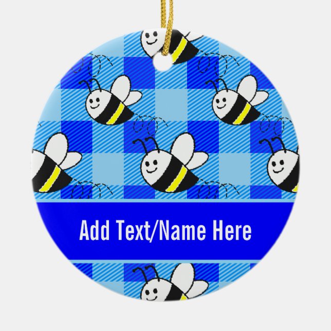 Little Bee Blue Plaid Pattern Custom Name Ceramic Tree Decoration (Front)