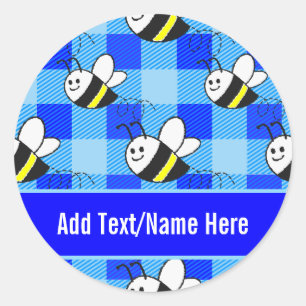 Little Bee Blue Plaid Pattern Custom Name Classic Round Sticker