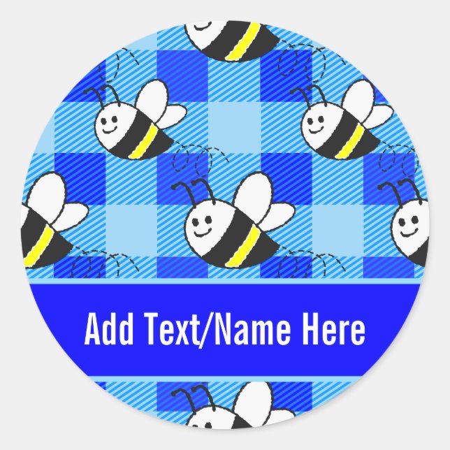 Little Bee Blue Plaid Pattern Custom Name Classic Round Sticker (Front)