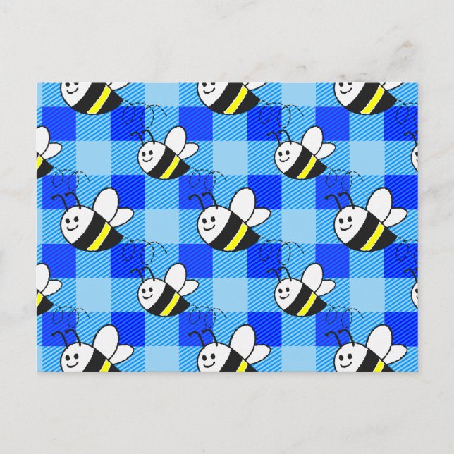 Little Bee Blue Plaid Pattern Custom Postcard (Front)