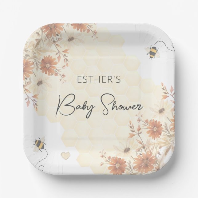 Little Bee Honey Boho Wildflower Baby Shower Paper Plate (Front)