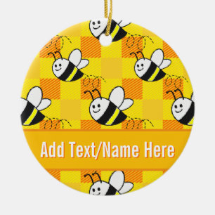 Little Bee Yellow and Orange Plaid Custom Name Ceramic Tree Decoration