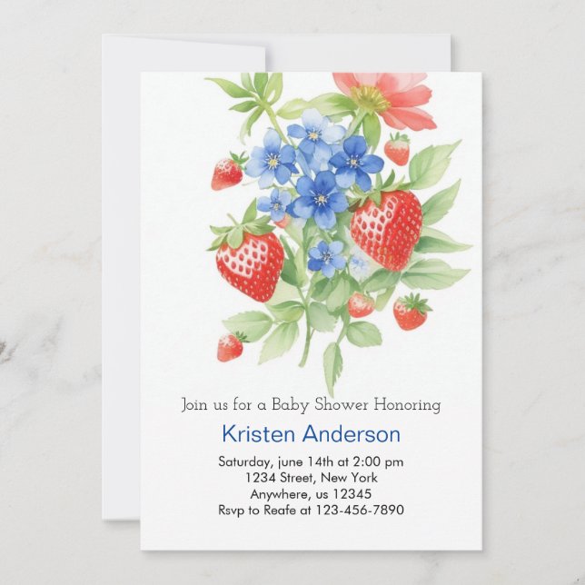 Little Berry Blue Watercolor Boy Baby Shower Invitation (Front)