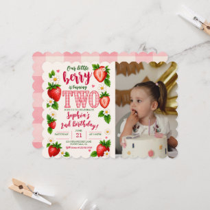Little Berry Is One Strawberry 2nd Birthday Photo Invitation