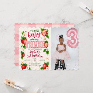 Little Berry Is One Strawberry 3rd Birthday Photo Invitation