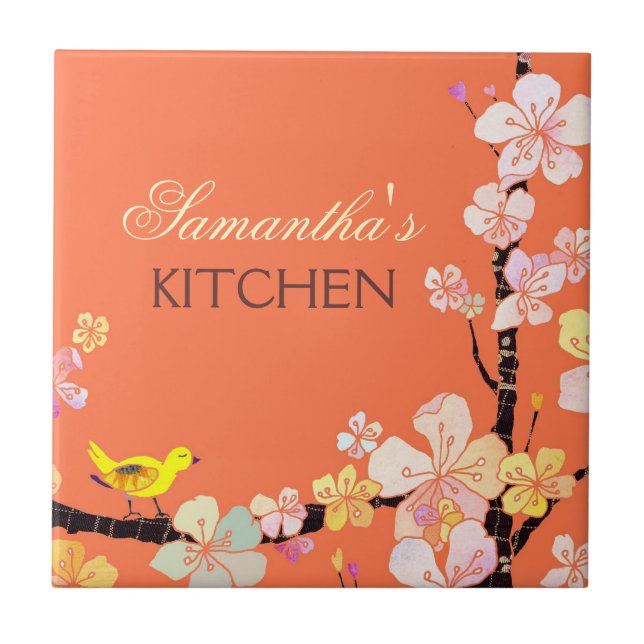 Little Bird and Sakura Flowers Kitchen Trivet Deco (Front)