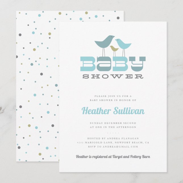 Little Bird Baby Shower Invitation - Blue (Front/Back)