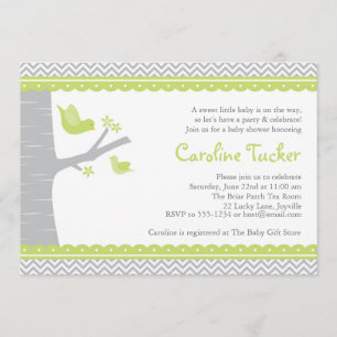 Little Bird Baby Shower Invitation, Green and Grey Invitation