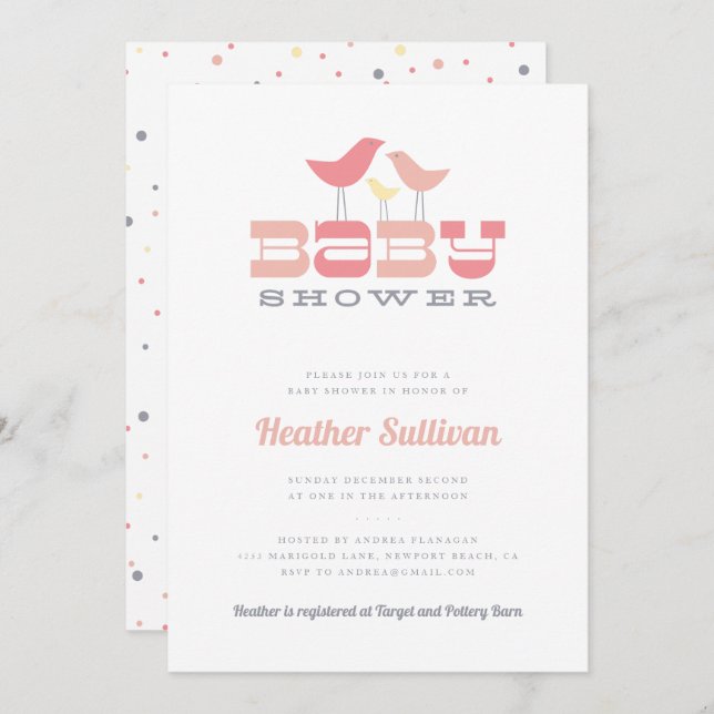 Little Bird Baby Shower Invitation - Pink (Front/Back)