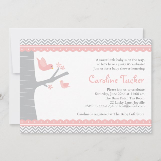 Little Bird Baby Shower Invitation - Pink and Grey (Front)