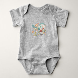 Little Bird Blue Pink Flowers Baby Bodysuit