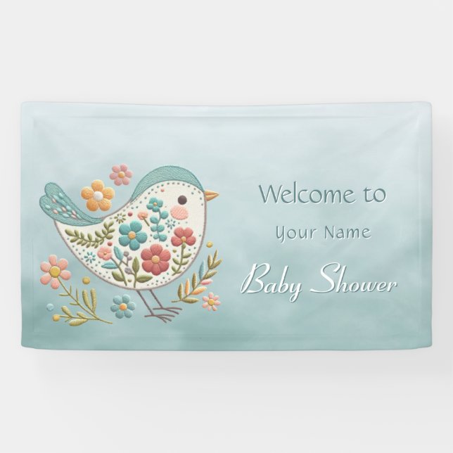 Little Bird Blue Pink Flowers Baby Shower Banner (Horizontal)