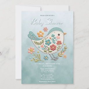 Little Bird Blue Pink Flowers Baby Shower Invitation