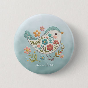 Little Bird Blue Pink Flowers Button